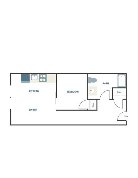 A floor plan of a house with a kitchen, living room, bedroom, bathroom, and entry.